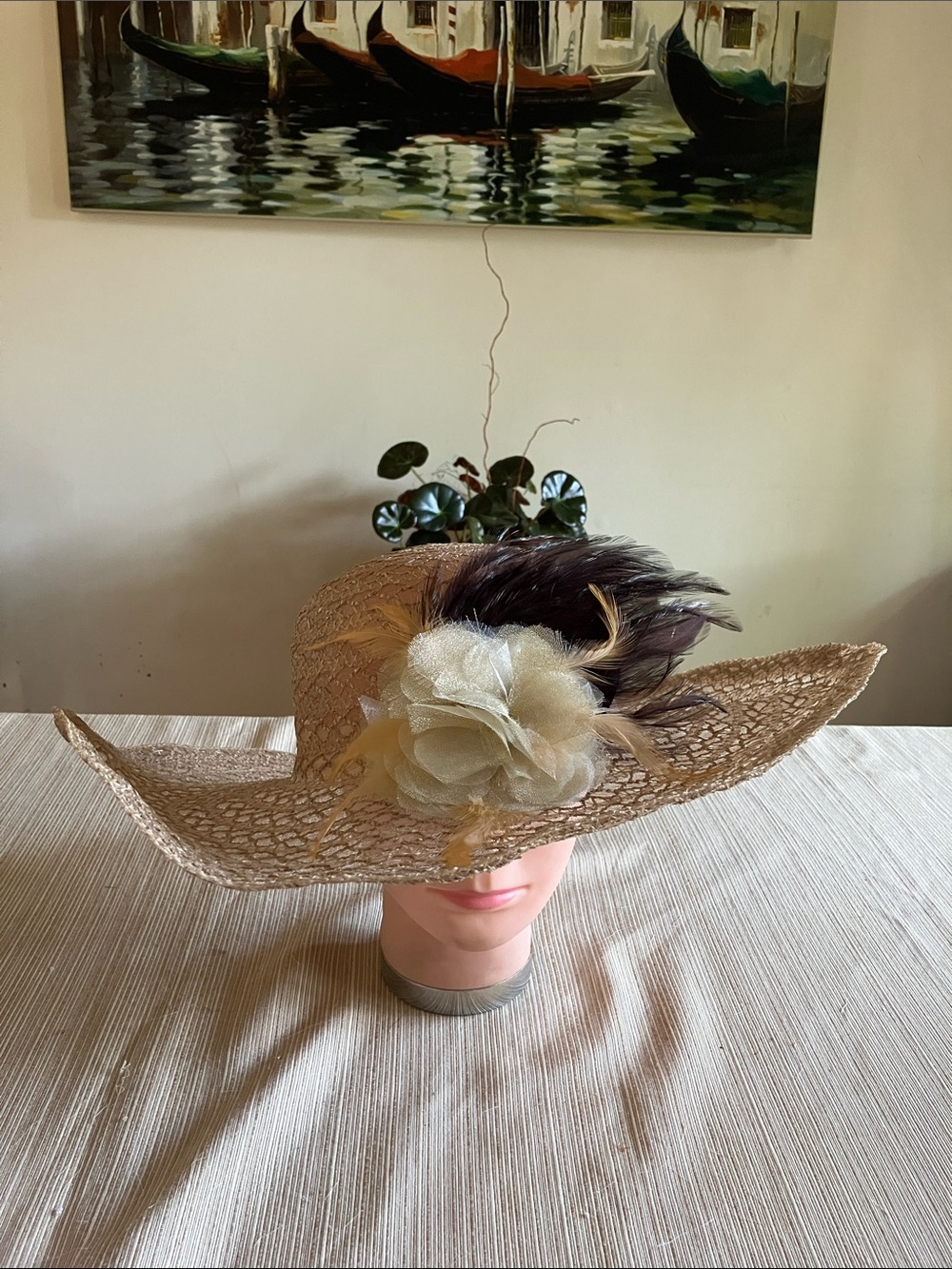 Chic Wide-Brim Lace Like Hat with Cream Flower and Feather Trim